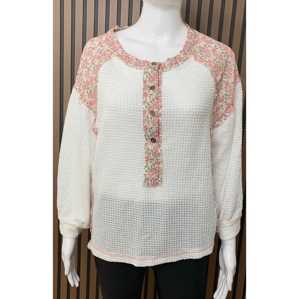 POL Women's White Waffle Knit Floral Henley Top Pink Flower UKT560 Small